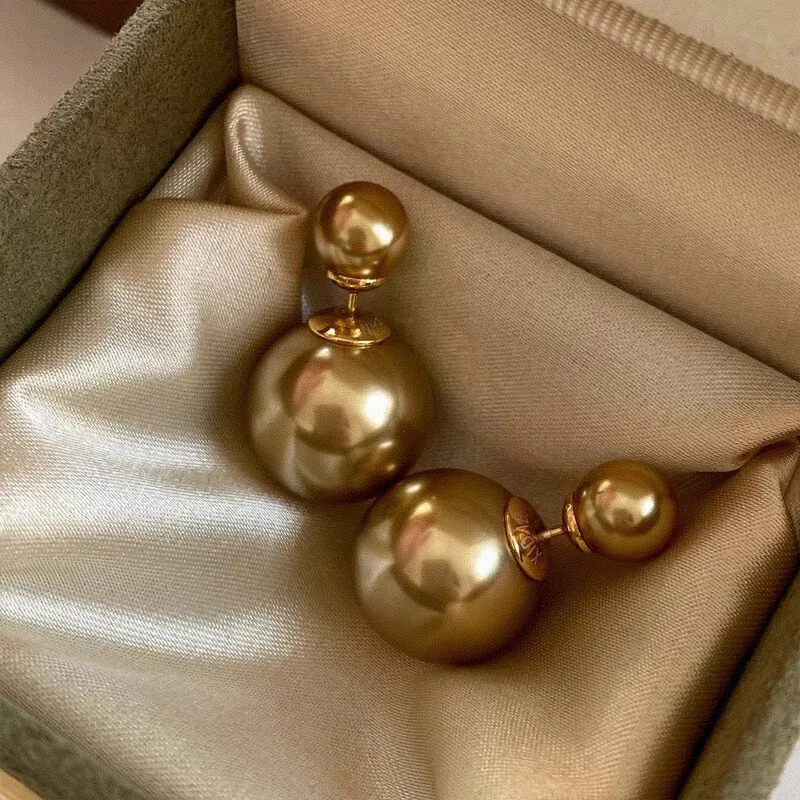 VoxorAI Goldene klassische Doppelperlenohrringe (Zwei-Wege-Stil), Ohrstecker, Hängeohrringe, Luxus-High-End-Mode, Nischenprodukt   6mm und 14mm