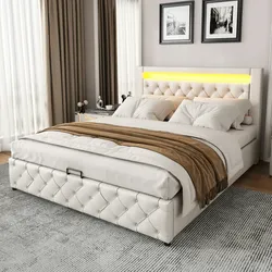 Merax Polsterbett 160 x 200 cm, Funktionsbett mit Lattenrost und Stauraum, mit LED-Beleuchtung, mit Funktion von Aufbewahrung, weiß, PU