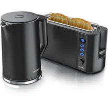 Arendo Frühstücksset, Wasserkocher mit Temperatureinstellung + Langschlitztoaster, Schwarz