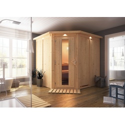 KARIBU Sauna Jarin mit Zierkranz und Beleuchtung am Dach Ofen 9 kW integr. Strg