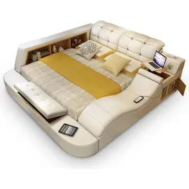 aea Luxus Funktions Bett mit Tresor Laptop Ablage Doppel Ehe Betten xxl Hotel Leder - Beige