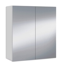 Badezimmer-Wandschrank mit zwei verspiegelten Flügeltüren und zwei Innenregalen, glänzend weiß, 60 x 65 x 21 cm.