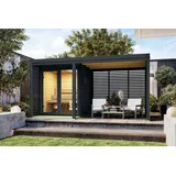 Saunahaus Gartensauna ARES 1 mit Anbaudach 454x276 Metall/Holz Hybrid Saunahaus