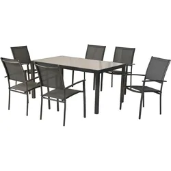 Garten-Essgruppe MERXX "»Milano«", grau (grau, grau, graphit), stapelbar, Aluminium, Kunststoff, Sitzmöbel-Sets, Sessel stapelbar, graue Glasplatte