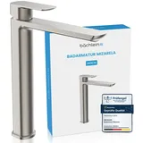 Bächlein Badarmatur Mizarela hoch in klassischem Design, Einhebelmischer für Aufsatzwaschbecken mit langlebiger Keramikkartusche und Montage-Set, Bad Wasserhahn Edelstahl gebürstet - flacher Auslauf