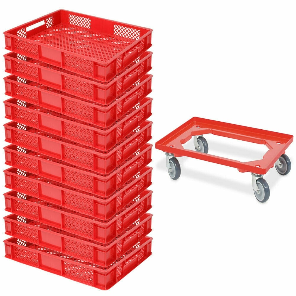 10x Bäckerkiste / Euroboxen, LxBxH 600x400x90 mm, rot + Transportroller