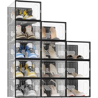JOISCOPE Schuhaufbewahrungsboxen, 12 Stück durchsichtige & stapelbare Kunststoff-Schuhboxen mit magnetischer Tür, Traineraufbewahrung mit Deckel für Damen/Herren, Transparent Schwarz