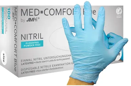 Nitrilhandschuhe Ampri Med Comfort blue L 100 Stück/Box Gr. 9, puderfrei, unsterile Nitrilhandschuhe, 100 Stück/Box