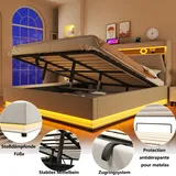 Bett Mit Stauraum Leinen Beige 180x200 Cm, Led-beleuchtung, Usb/typ-c, Hydraulisches Staufach