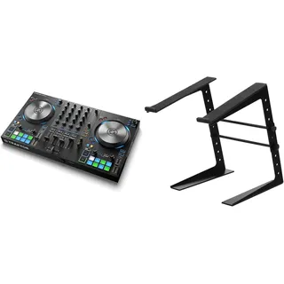 Native Instruments Traktor Kontrol S3 4-Kanal DJ Controller, 16 Pads, integrierte Soundkarte, Traktor Pro 3 & Pronomic LS-100 Laptopständer DJ Notebookstativ Laptop Stand Schwarz
