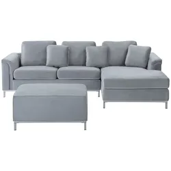 Ecksofa OSLO Samtstoff Grau mit Ottomane Linksseitig