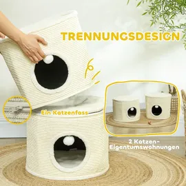 PawHut Kratztonne, 69 cm Hoch Katzentonne mit 2 Höhle, Spielball, Teilbarer Kratzbaum, Katzenturm für Katzen bis 5 kg, Cremeweiß - Weiß