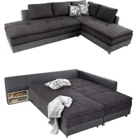 luma-home Federkern Ecksofa 306x223 cm Boxspring Topper, Schwenkteil links, Kunstleder Grau+Mikrofaser Anthrazit / 15105