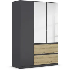 Rauch Möbel Costa, Kleiderschrank für Schlafzimmer, Kinderzimmer, Babyzimmer, Flur, 3-türig, Spiegel, 2 Schubladen, Push-to-Open, Farbe Grau, metallic, Schwarz/Eiche Artisan, Holz, Breite 136 cm,