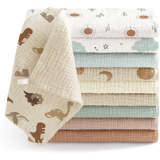 Bearmoss10 Stück Baby Musselin Waschlappen Moltontücher 100% Baumwolle Weiche Spucktücher Baby,Atmungsaktiv und Extrem Saugfähig Musselin Tuch für Saugstark Mulltücher 25 x25cm(BraunGrün)