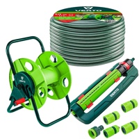 VERTO Schlauchtrommel + Gartenschlauch 50m + Oszillierender Sprinkler + 3 x Schlauchverbinder, Wasserstop, Hahnverbinder - Gartenbewässerung Komplettes Starterset