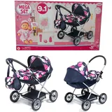 Bayer MEGA SET 9in1 Puppenwagen mit Puppe und Zubehör Kinder Kinderwagen