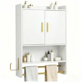 KOMFOTTEU Hängeschrank Medizinschrank mit 2 Türen, Handtuchhalter & Haken weiß