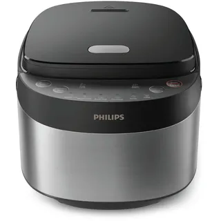 Philips Multi-Reiskocher 3000-Serie – 0,85 l, 8 Kochfunktionen, 4-lagiger Antihaft-Topf, 30-Minuten-Schnellkochmodus, Fuzzy-Logik, Schwarz-Silber-Design (HD3093/80)