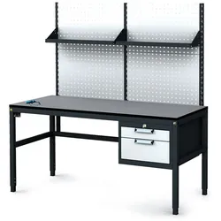Antistatische ESD-Werkbank mit Lochplatte und Regalböden, 2 Werkzeugkästen mit Schubladen, 1600x800x745-985 mm