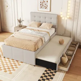 XDOVET Polsterbett, 90x200cm(90x190cm),Familienbett, Bett mit drei Schubladen, Ausziehbares Rollbett, Verstellbares Kopfteil