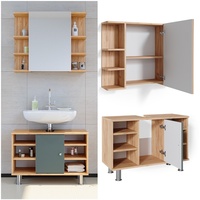 Vicco Badmöbelset Waschtischunterschrank 80 cm Spiegelschrank Fynn Eiche Grün