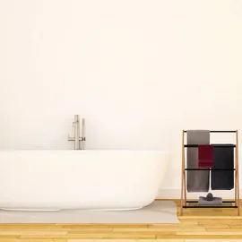 Relaxdays Handtuchhalter stehend, 4 Handtuchstangen, Badablage, Metall, Bambus, HBT 87 x 60,5 x 37,5 cm, schwarz/natur