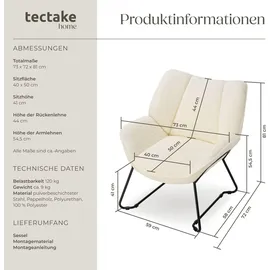 Tectake Sessel Kjeld Bouclé 73 x 72 x 81 cm Creme mit verstellbarer Rückenlehne