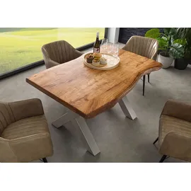 Massivmoebel24 Baumtisch Akazie 140 x 90 x 77 cm natur lackiert/silber matt