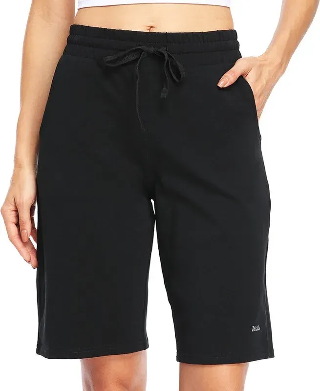 Willit Damen-Bermuda-Shorts aus Baumwolle, 10 Zoll, lang, mit Taschen, Schwarz, Größe L