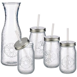 MamboCat Karaffe 5tlg Set Vivalto Lima Karaffe + 4x Glas mit Deckel und Strohhalm weiß