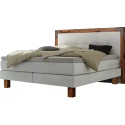 Boxspringbett HASENA "Memphis", weiß (weiß, akazie braun), B:178cm L:206cm, Komplettbetten, Boxspringbett, im Vintagelook, Massivholz-Umrandung, Tonnentaschen-Federkernmatratze