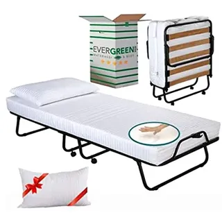 EVERGREENWEB Gästebett Klappbar mit Memoryschaum Matratze 80x190 Höhe 12 cm + Weiße Visco Kissen GRATIS Lattenrost aus Holz Stabiler Metall-Rahmen mit Rollen Platzsparend Klappbett 100% ITALIENISCH