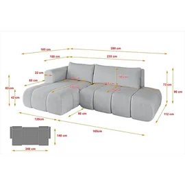 altdecor Ecksofa Cord mit Schlaffunktion 2-Sitzer Grau