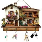 Schlüsselbrett Modern, Holz Schlüsselablage Flur mit 4 Schlüsselhaken, 2D Gartencottage-Design Schlüsselleiste Schlüsselhalter Wand, Schlüsselaufbewahrung für Zimmer Eingangsbereich Hut Regenschirm
