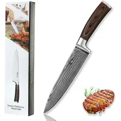 Oleio Wakoli EDIB Damast Chefmesser 20 cm Klinge aus echtem japanischen Damaststahl mit Pakkaholzgriff