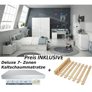 möbel-direkt.de Jugendzimmer-Set Gamingzimmer Tezaur "Snow", (Komplett Set, 8-tlg., in verschiedenen Varianten wählbar), RGB- LED- Beleuchtung, ABS- Kanten, Bett mit Bettschubkasten weiß
