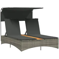 vidaXL Doppel-Sonnenliege mit Dach und Auflagen Grau Poly Rattan