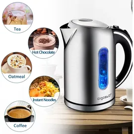 Aigostar King - Wasserkocher Edelstahl 1,7 liter, Elektrischer Wasserkocher mit Kalkfilter, LED Beleuchtung Wasserstandsanzeige, 2200 Watt, Verdecktes Heizelement, Abschaltautomatik, BPA frei