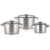 Meisterkoch Topfset Induktion Edelstahl Kochtopfset 3-teilig, Silikonring mit Sieb im Glasdeckel, Hitzeisolierende Griffe, Innenskala, spülmaschinengeeignet, für alle Herdarten
