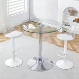STILVORA Glastisch mit 89 cm Durchmesser und transparenter Optik, Hocker-Set mit 2 Hockern und weißen Beinen sowie höhenverstellbar und 360° dre... - Weiß
