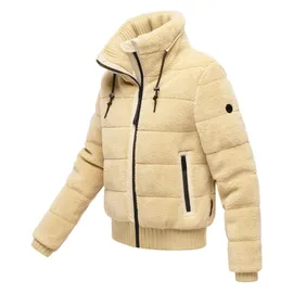 Navahoo Damen Teddy-Fleecejacke warme Winterjacke Plüschjacke mit Rippstrickdetails Schneepuder 14 beige, Gr. M - M