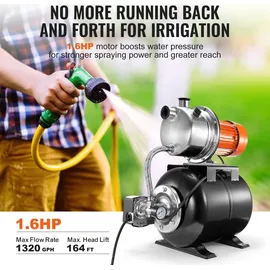 Vevor 1176W Gartenpumpe, 5600 l/h automatische Bewässerungspumpe, 50 m Hub, Kreiselpumpe mit 30/50 PSI Druckschalter, flache Springbrunnenpumpe, E...