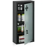Relaxdays Medizinschrank, 4 Fächer, HxBxT: 57 x 27 x 12 cm, abschließbarer Medikamentenschrank, Stahl, Glastür, schwarz