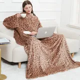 softan Kuschelige Decke mit Ärmeln & Fußtasche für Erwachsene Frauen Männer, leichte weiche Plüsch TV-Decke Wrap Throw mit Ärmeln und verstellbarem Klettverschluss Aufkleber 130X186CM (Neu Leopard)