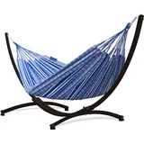 Potenza Outdoor Hängematte mit Gestell für 2 Personen I Pereira - 100% Baumwolle Doppelhängematte 220x140 cm, 160kg I Hängemattengestell 220kg, wetterfest (Baltica, Gestell Braun)