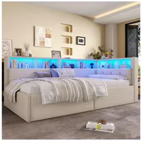STILVORA Schlafsofa 90×200 mit Matratze&Bettkasten,Tagesbett Daybett mit Steckdose&LED, mit hydraulischem Stauraum, USB- und Typ-C-Anschlüssen sowie mehrfarbiger LED-Beleuchtung, ohne Matratze beige