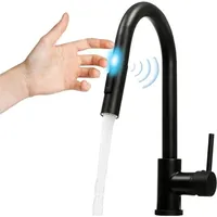 Touch On Sensor Wasserhahn Schwarz Küchenarmatur mit Ausziehbarer Brause, 360° Drehbar Spültischarmatur, Einhand-Spültischarmatur, Mischbatterie