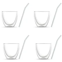 BEM 8-er Gläser Set: 4 x Thermogläser Doppelwandige Kaffeegläser Teegläser, für heiße und kalte Getränke, (je 240 ml) und 4 x Glasstrohhalme