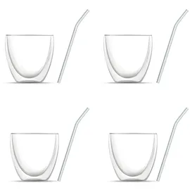 BEM 8-er Gläser Set: 4 x Thermogläser Doppelwandige Kaffeegläser Teegläser, für heiße und kalte Getränke, (je 240 ml) und 4 x Glasstrohhalme